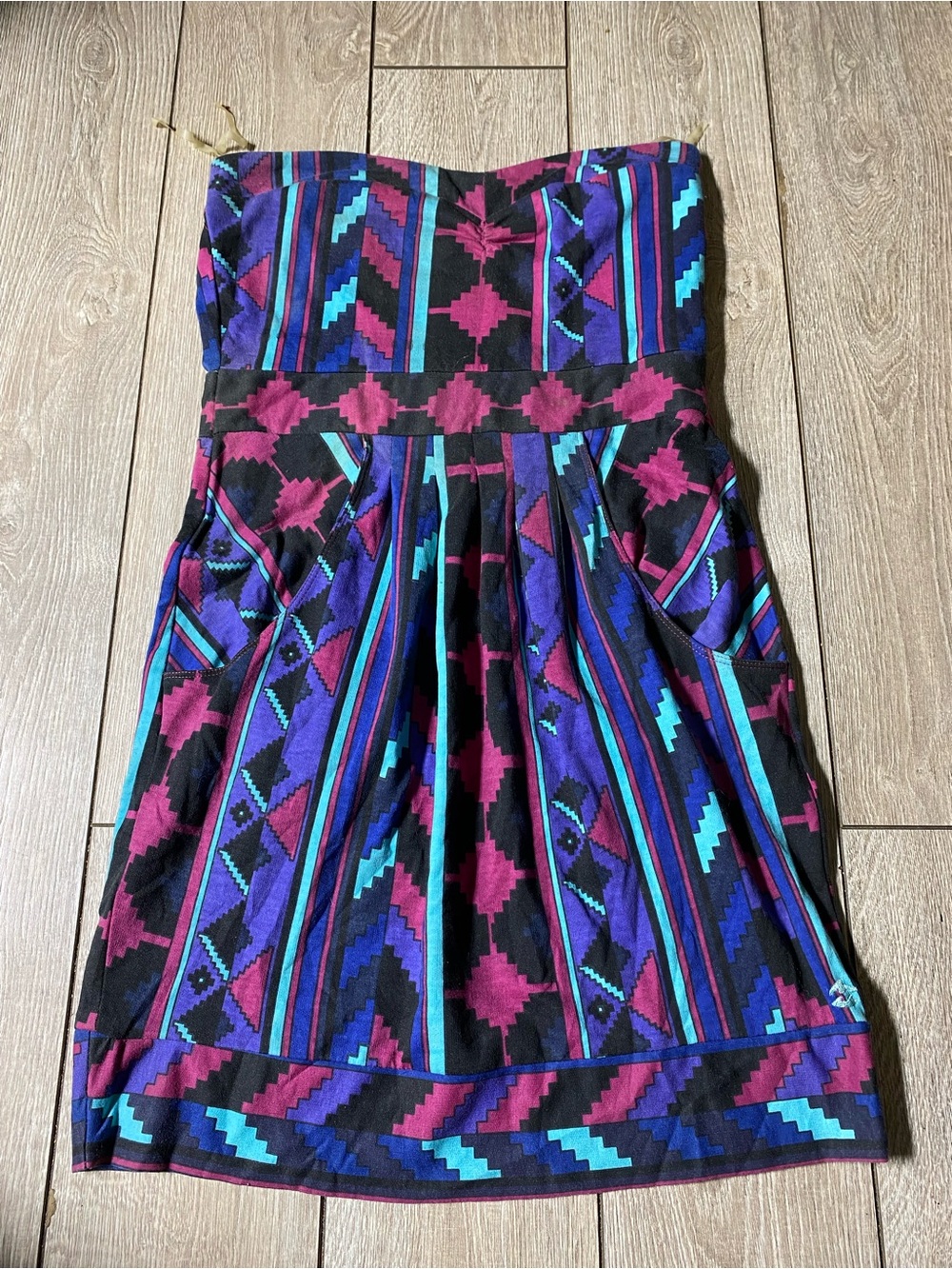 Billabong Strapless Geometric Tribal Print Mini Dress Retro 90s Style Large